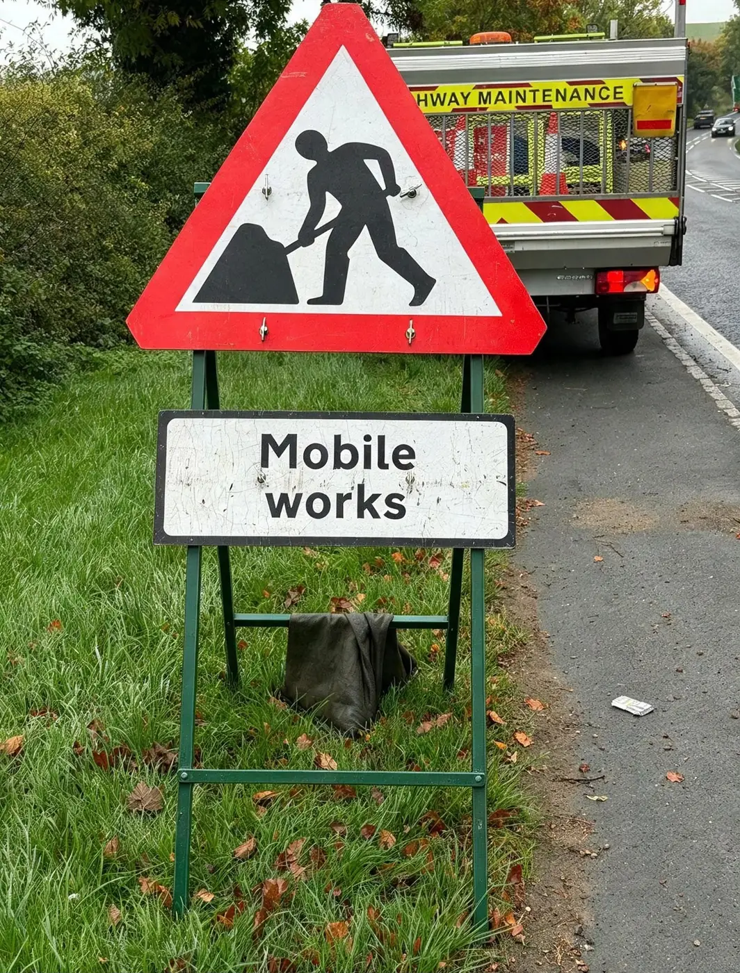 Mobile Works sign on a verge beside a highway maintenance vehicle