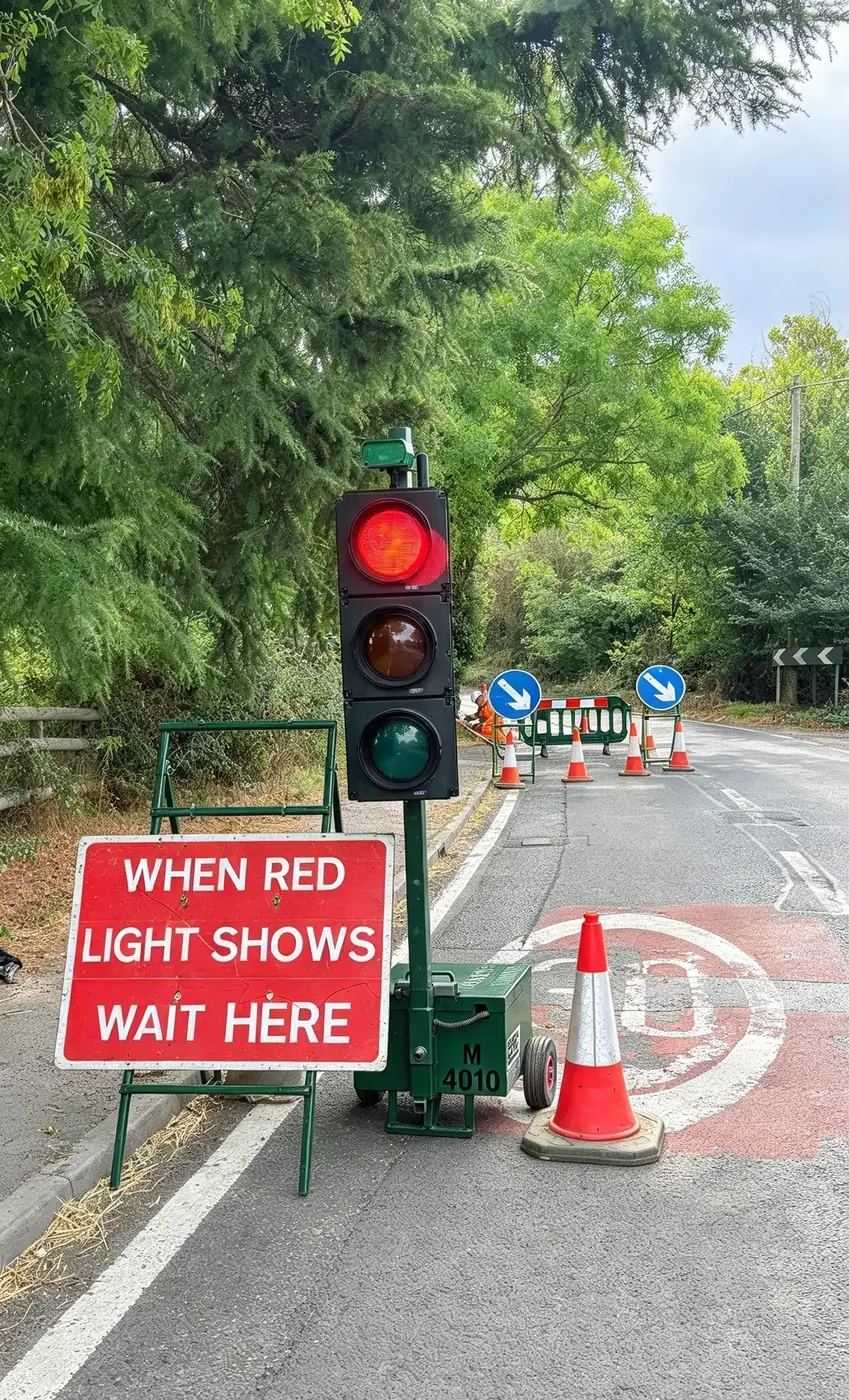 Portable traffic signals with a When Red Light Shows Wait Here sign