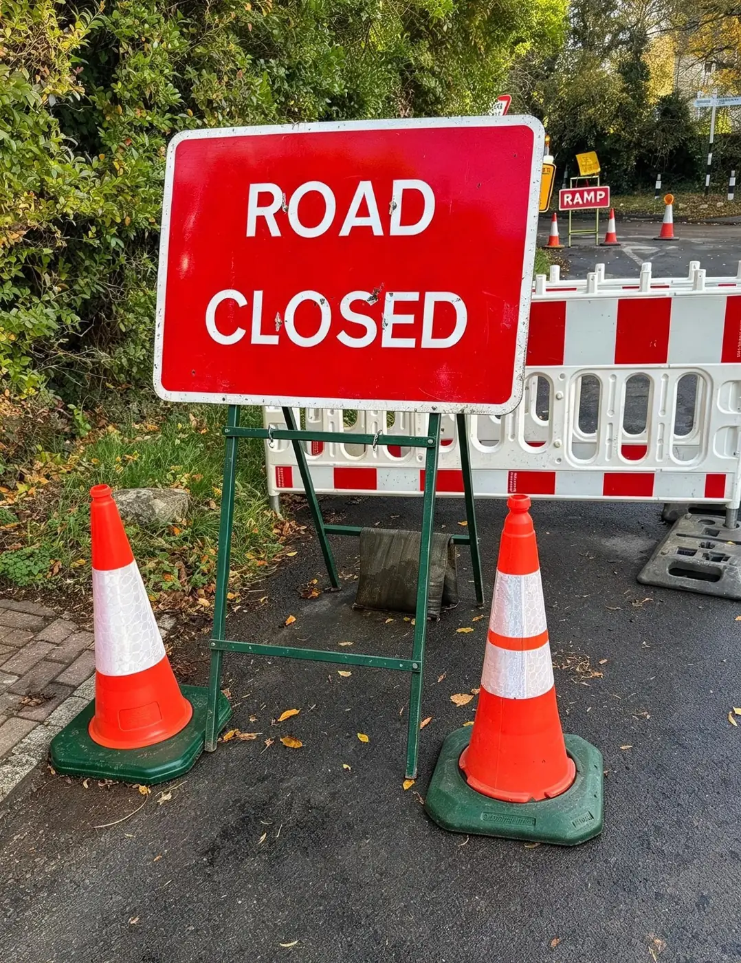 Road Closed sign with barriers and cones across a road