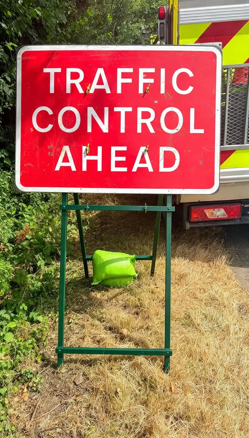 Traffic Control Ahead sign on a verge beside a works vehicle